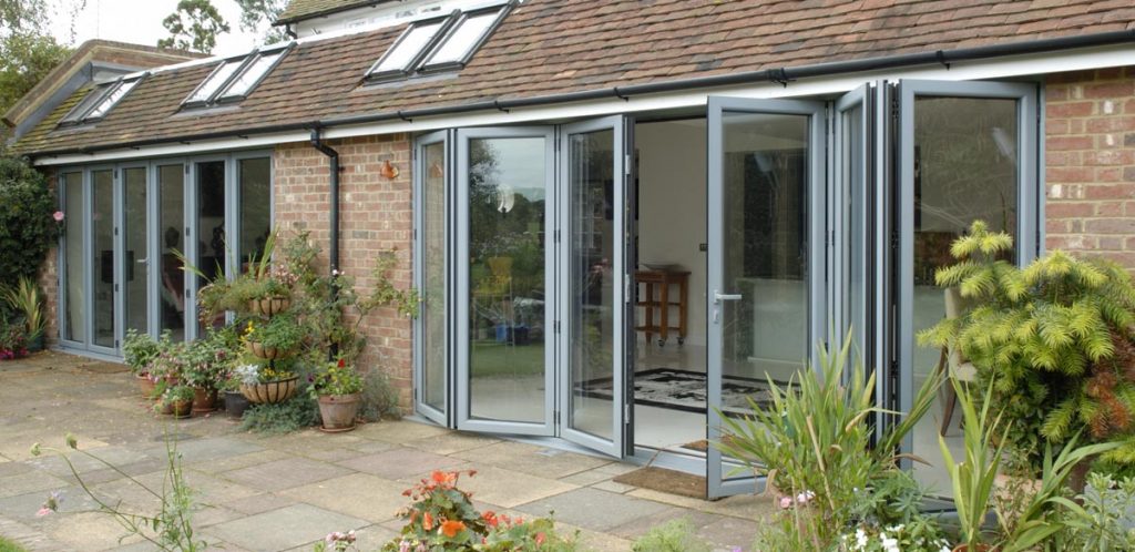 Grey aluminium bi-folding doors