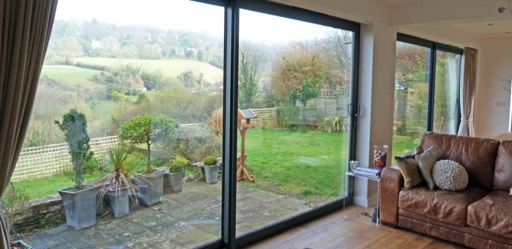 Internal view of aluminium sliding patio doors from the living room